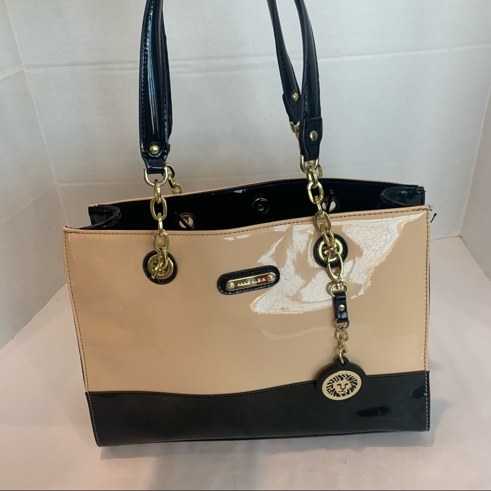 ANNE KLEIN tan and black color black gorgeous handbag purse made of shiny patent